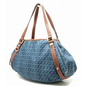 Gucci Leather Shoulder Logo Brown Blue Denim Bag GG